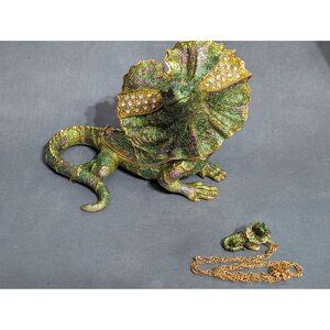 Frill Neck Lizard Jeweled Trinket Box W/ Austrian Crystals & Matching Necklace